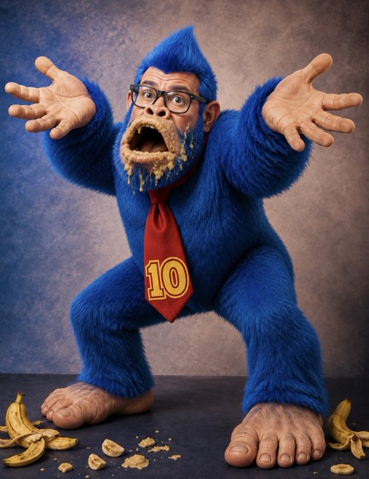 A blue furry stop-motion character wearing glasses and a red tie with the number 10, standing with arms outstretched and mouth full of chewed banana.