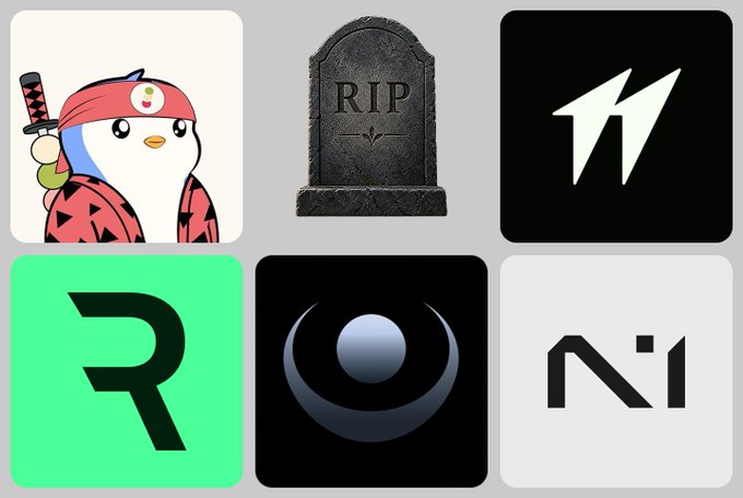 A grid of six square app icons featuring a penguin with a sword and headband, a tombstone reading 'RIP', a stylized white logo on black, a green 'R' logo, a dark crescent moon symbol, and a black 'NI' logo on white.
