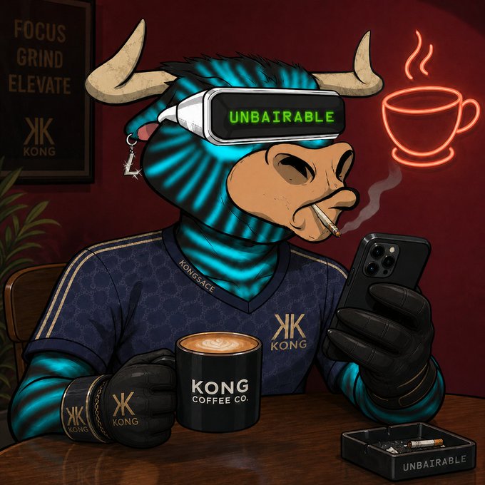 A cool anthropomorphic bull character with cyan-striped fur sits at a coffee shop wearing a VR headset displaying "UNBAIRABLE," holding a KONG coffee mug while checking his phone and smoking. The image aligns with the "Gm new day new charts" post by depicting a crypto trader's morning routine, blending market vigilance with the "unbairable" bullish optimism of the community.