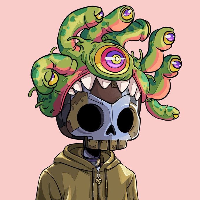 Illustration of a metallic skull wearing an olive green hoodie with tentacles featuring purple eyes emerging from the top of its head against a pink background.
