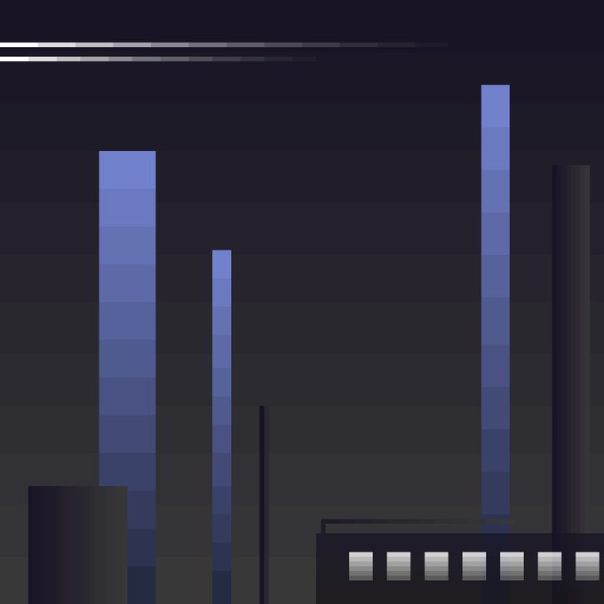 A minimalist pixel art style illustration of an industrial cityscape with blue smokestacks and a factory against a dark night sky.