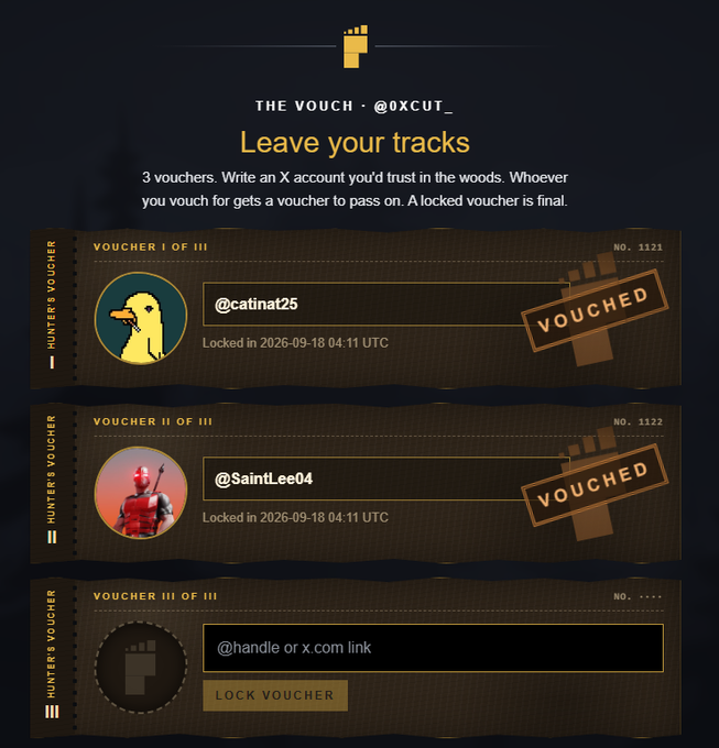 A digital interface titled 'THE VOUCH - @OXCUT_' showing 'Leave your tracks' with three vouchers, two already vouched (@catinat25 and @SaintLee04) and a third one unlocked.