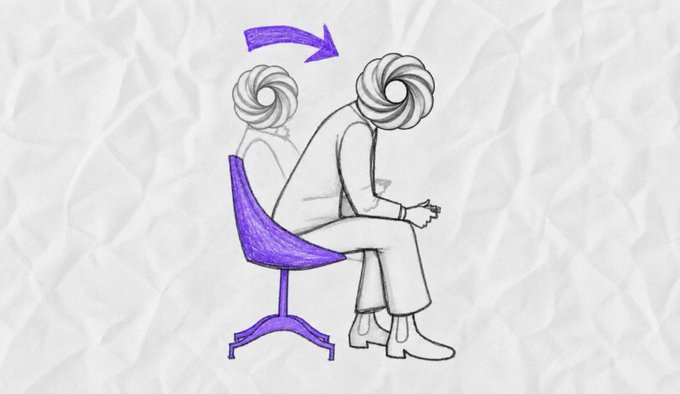 A sketch illustration showing a figure sitting on a purple chair with an arrow pointing to a faded outline, suggesting movement or transformation.