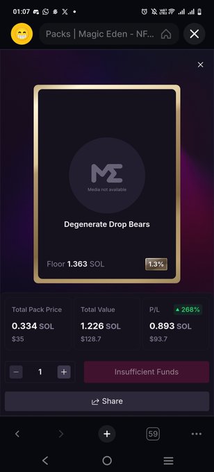 A Magic Eden mobile screen displaying a 'Degenerate Drop Bears' NFT pack priced at 0.334 SOL with a floor of 1.363 SOL and 1.3% royalties.