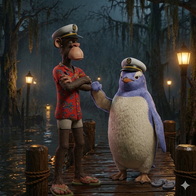 The image features a cartoon penguin standing next to a monkey wearing a hat, both of them posing for a picture with their arms crossed over each other's shoulders. The background includes trees and lampposts, creating an interesting setting for this scene. The caption "Apes Pudgy" is written in the bottom right corner of the image, which seems to be related to the cartoon penguin character.