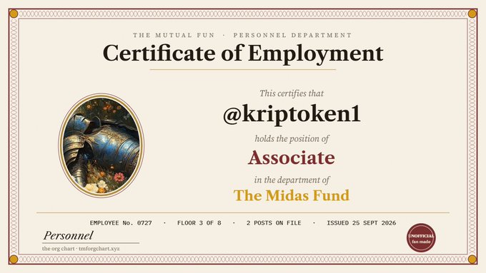 A decorative 'Certificate of Employment' from 'THE MUTUAL FUN · PERSONNEL DEPARTMENT' certifying '@kriptoken1' as an Associate in The Midas Fund department, issued 25 Sept 2026, featuring a medieval knight illustration.