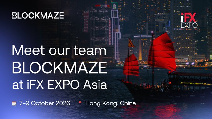 A Blockmaze promotional banner featuring a Hong Kong harbor scene with a traditional junk boat at night, announcing their attendance at iFX EXPO Asia from 7–9 October 2026 in Hong Kong, China. The visual ties directly to the accompanying post's call for attendees to connect with the Blockmaze team at the event to discuss tokenised capital markets.