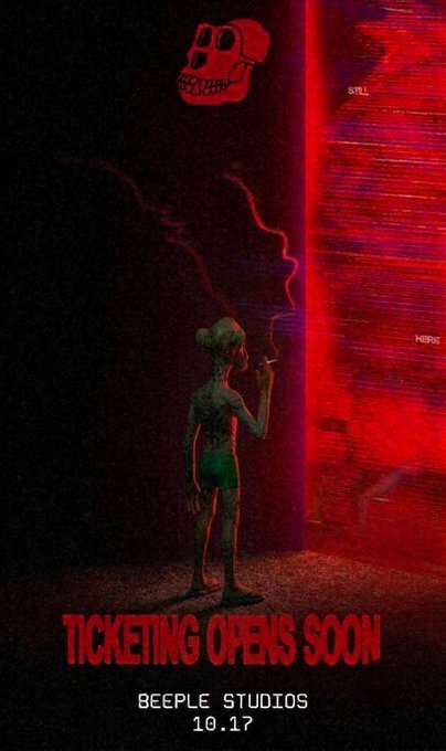 A dark poster features a skeletal alien figure reaching toward a red glitching screen, with the text 'TICKETING OPENS SOON', 'BEEPLE STUDIOS', and '10.17'.
