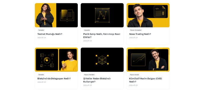 The image displays a grid of six educational video thumbnails from Binance TR Academy, featuring Turkish titles such as "Testnet Musluğu Nedir?", "Panik Satışı Nedir", "News Trading Nedir?", "Blokzincirde Delegasyon Nedir?", "Şirketler Neden Blokzinciri Kullanıyor?", and "Kümülatif Hacim Dalgası (CVD) Nedir?". The thumbnails showcase various instructors (including Temettür, Güvenlik, and Yatırım Stratejileri) against Binance's signature black and yellow branding, promoting free crypto education content during a period of market inactivity.