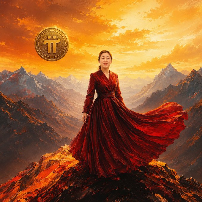 A woman in a flowing red gown stands atop a rocky peak with a dramatic orange sunset and mountain range in the background, with a Pi Network (π) coin floating in the sky above her. The image visually embodies the post's message of the Pi Network rising to prominence, symbolizing its ascent and the world's anticipation of its impact.