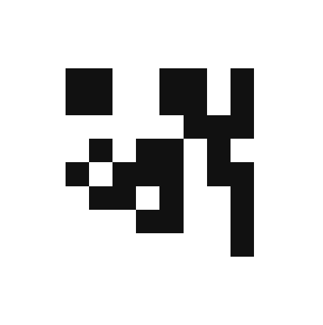 A pixel art image consisting of black squares arranged in an abstract pattern on a white background.