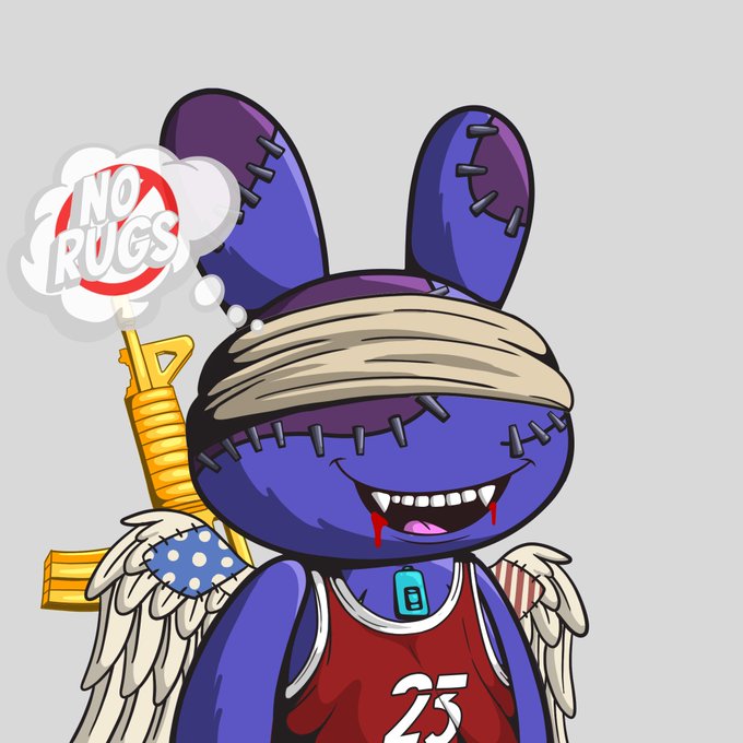 An illustration of a blue stitched-together bunny character wearing a red jersey with the number 23, with a 'No Rugs' thought bubble next to its head.