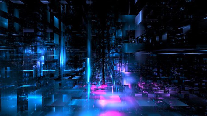 A glowing blue and magenta digital cityscape evokes the futuristic concept of a "mathematical superintelligence," with neon-lit circuitry converging toward a central point reminiscent of the AI breakthrough described. The abstract, high-tech aesthetic visually reinforces the announcement of Harmonic's Aristotle protocol and its $DCR integration.