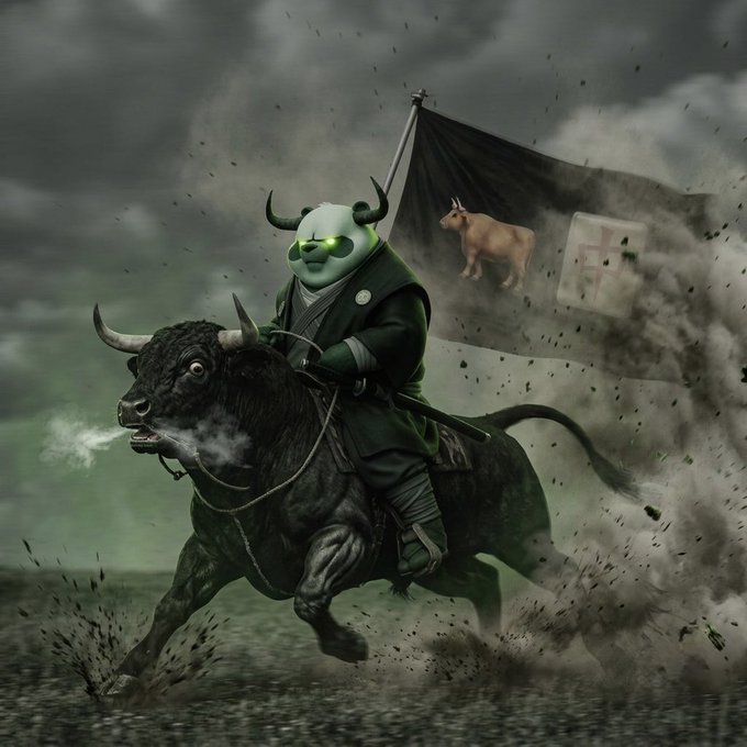 A masked horned figure in dark robes rides a charging black bull while waving a flag depicting a cow and a cross-like symbol, evoking bullish market momentum. The imagery visually reinforces the post's message of rallying the "$ANSEM army" upward, symbolizing strength and an aggressive price surge.