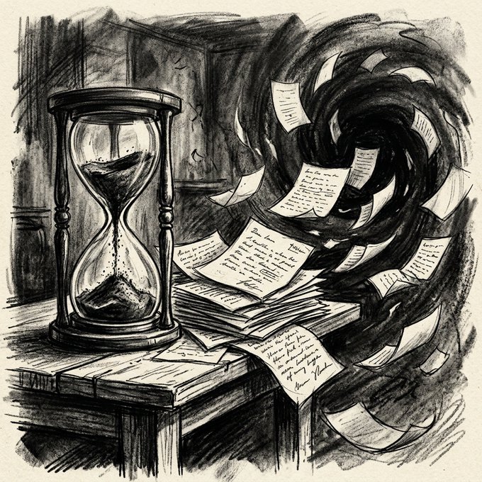 A black and white charcoal-style illustration of an hourglass on a wooden desk with papers and letters swirling into a dark vortex.