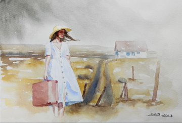 A watercolor painting depicting a woman wearing a straw hat and a long white dress, holding a brown suitcase while standing near a fence with a small white house in the background under a cloudy sky.