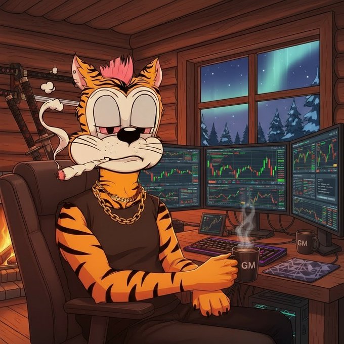 A cartoon illustration of an anthropomorphic tiger character smoking a cigarette while sitting at a multi-monitor trading setup in a cozy log cabin, with aurora borealis visible through the window and a mug labeled 'GM' on the desk.