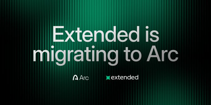 A graphic announcement with text reading 'Extended is migrating to Arc' on a dark green background, displaying both the Arc and Extended logos at the bottom.