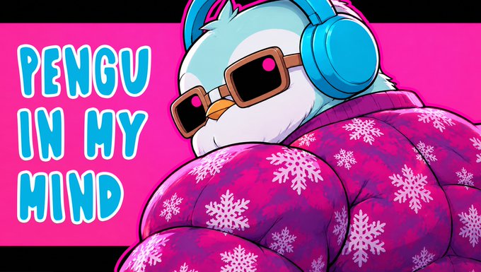A vibrant pink graphic titled "PENGU IN MY MIND" featuring an illustrated penguin character wearing blue headphones and sunglasses, wrapped in a purple blanket with white snowflakes.