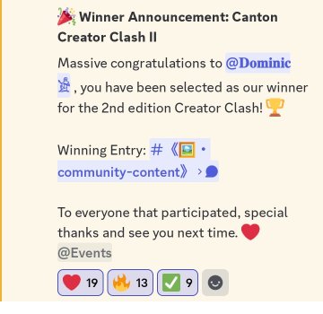 A Discord announcement post congratulating @Dominic for winning the 2nd edition of the Creator Clash event, with reactions from 19 users, 13 fire emojis, and 9 green checks.