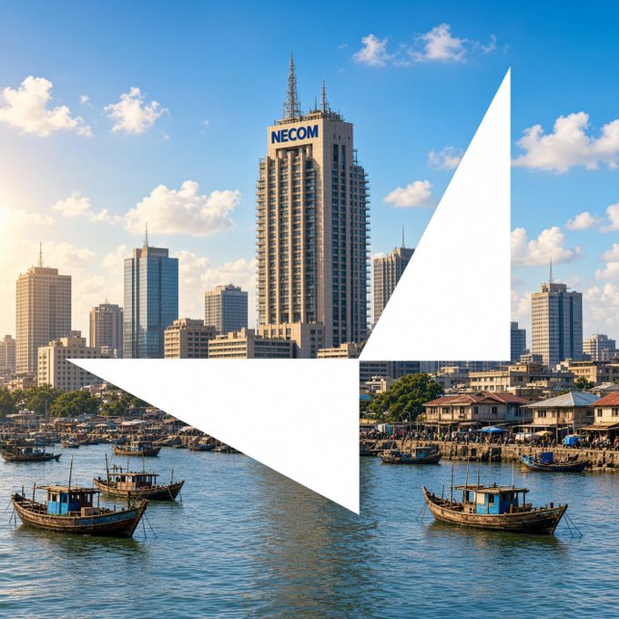 A harbor cityscape with boats on the water and a tall building displaying "NECOM" signage, overlaid with a large white abstract logo design.