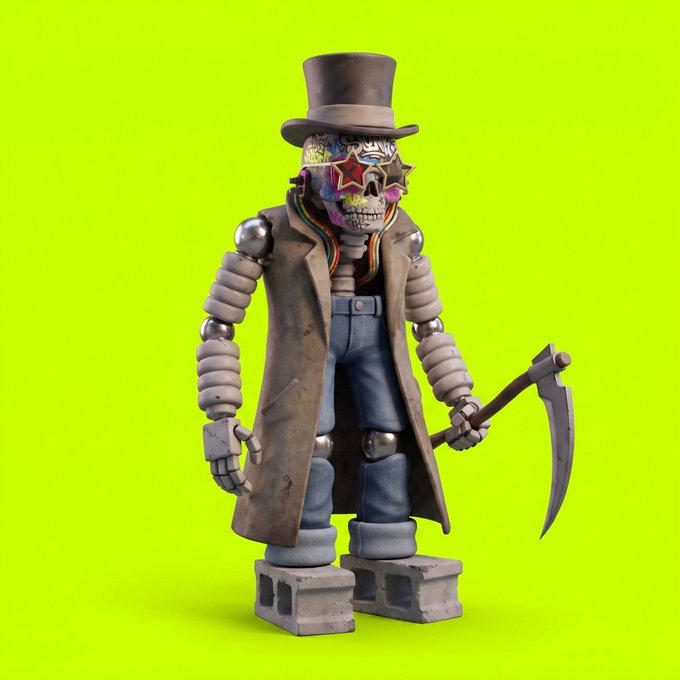 A stylized action figure of a skull-faced character wearing a top hat, star-shaped sunglasses, a long coat, and holding a scythe, set against a bright neon yellow-green background.
