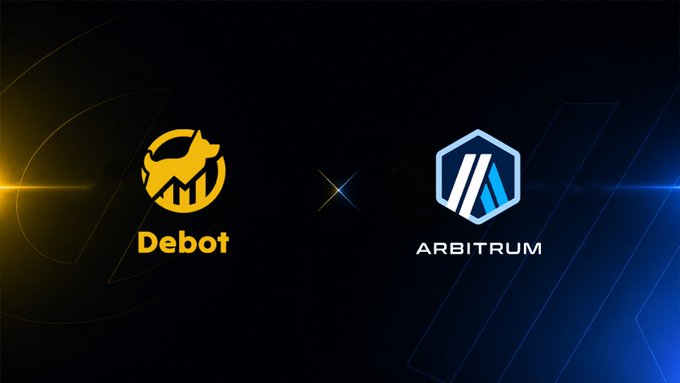 A graphic showing the logos of 'Debot' and 'Arbitrum' separated by an 'X' on a dark background.