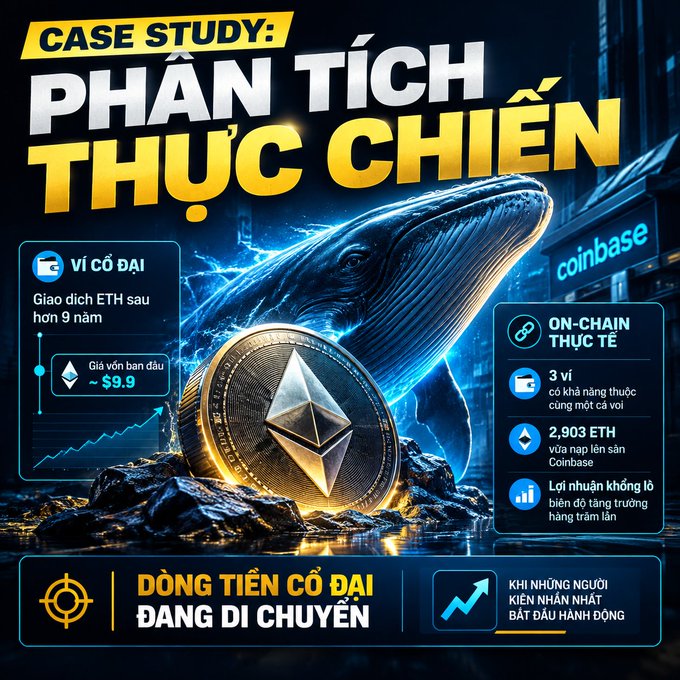 A Vietnamese cryptocurrency case study graphic titled 'PHÂN TÍCH THỰC CHIẾN' featuring Ethereum imagery, a whale, Coinbase branding, and on-chain analysis details about ETH transactions over 9 years.