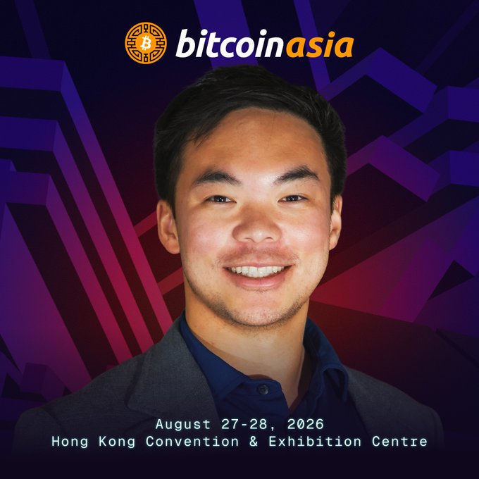 A promotional image for Bitcoin Asia featuring a smiling man, with text indicating the event takes place on August 27-28, 2026, at the Hong Kong Convention & Exhibition Centre.