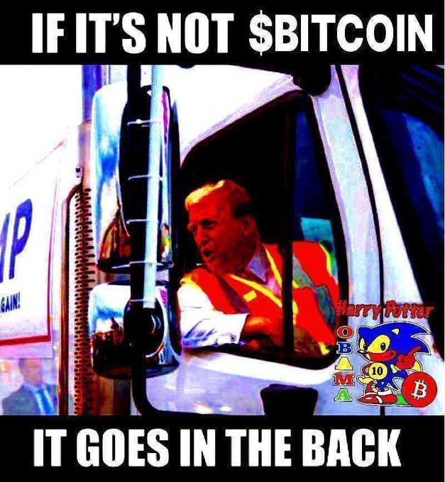 A meme image showing a garbage truck driver with text reading "IF IT'S NOT $BITCOIN" at the top and "IT GOES IN THE BACK" at the bottom, alongside a cartoon hedgehog logo with a Bitcoin symbol.