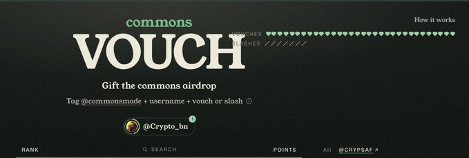 A promotional graphic for 'commons VOUCH' an airdrop campaign, showing a black interface with text instructing users to tag @commonsmode + username + vouch or slash, displaying @Crypto_bn as an example.