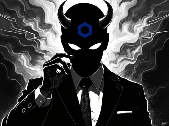 A stylized black-and-white illustration depicts a silhouetted figure in a suit with devil horns and a Chainlink hexagon symbol on its forehead.