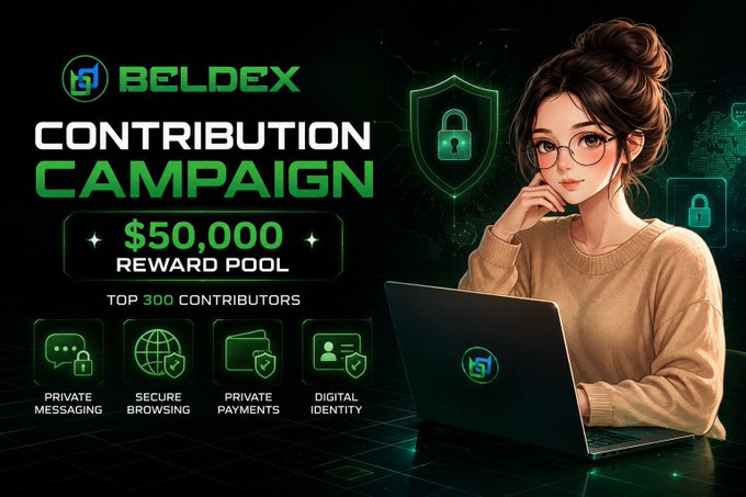 A promotional graphic for the Beldex Contribution Campaign featuring a woman with glasses at a laptop displaying the Beldex logo, announcing a $50,000 reward pool for the top 300 contributors and highlighting features like private messaging, secure browsing, private payments, and digital identity—aligning with the post's announcement of a privacy-focused Web3 contribution campaign launching July 29.