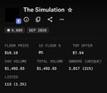 The image displays a stock/cryptocurrency trading dashboard for "The Simulation" showing a stock price of 0.010 (down 28.36%), with a US Floor of $10.38 and a NFT Floor of $5.36. This supports the poster's complaint about the NFT floor price dropping to $5-6 on OpenSea, visualizing the poor performance of their investment with red price indicators and a "GET REKT" sentiment.