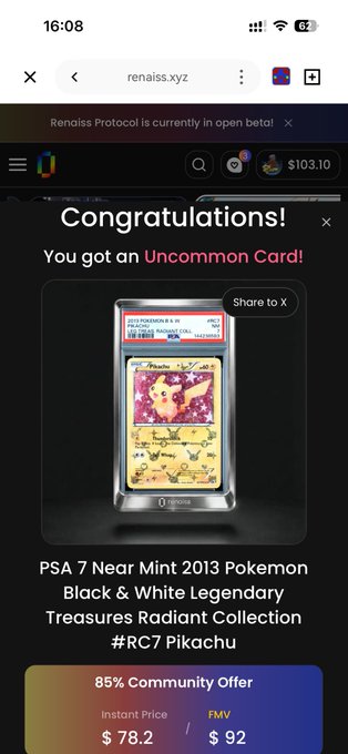 A mobile screenshot from renaiss.xyz showing a congratulations message for obtaining an Uncommon Card - a PSA 7 Near Mint 2013 Pokemon Black & White Legendary Treasures Radiant Collection #RC7 Pikachu, with an 85% community offer at $78.2 instant price and $92 FMV.