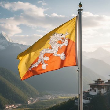 The Bhutanese flag—featuring its distinctive yellow and orange halves divided by a white dragon—waves against a backdrop of the Himalayan mountains and a traditional dzong. The image ties into the news of Bhutan's Gelephu Mindfulness City partnering with Canadian firm 3iQ to manage Bitcoin treasury assets, highlighting the country's national identity as it pursues its new digital-asset investment ambitions.