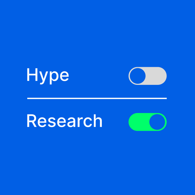 A blue graphic showing two toggle switches: 'Hype' is turned off (white/grey) and 'Research' is turned on (green).