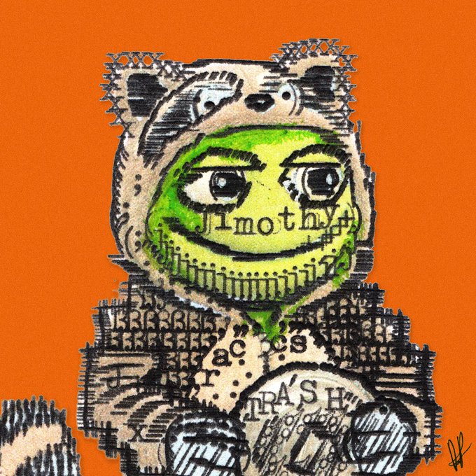 A hand-drawn illustration of a character wearing a hood, with the name 'Jimothy' written across its green face, set against an orange background.