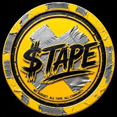 The image is a circular, yellow and silver tape-wrapped emblem featuring the bold text "$TAPE" with the tagline "NO BUDGET. ALL TAPE. ALL COMMUNITY" beneath it, representing the branding of the $TAPE token on Solana referenced in the post.