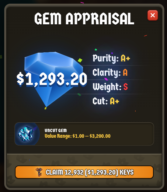 A 'GEM APPRAISAL' screen displays a blue gem valued at $1,293.20 with stats Purity: A+, Clarity: A, Weight: S, Cut: A+, and a button to 'CLAIM 12,932 ($1,293.20) KEYS'.
