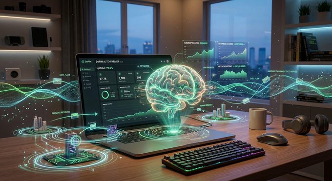 A digital illustration of a futuristic workspace featuring a laptop displaying 'DePIN AUTO-FARMER v1.0' with a glowing holographic brain, surrounded by data charts, a coffee mug, and gaming peripherals on a wooden desk.