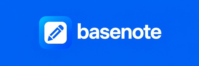 The image displays the logo and wordmark for "basenote," featuring a blue rounded square icon with a white pencil/pen symbol, set against a solid blue background—appearing to be promotional branding for the newly launched note-taking platform mentioned in the post.