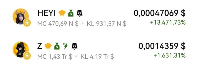 The image displays a price tracker showing two meme coins, $HEYI (priced at 0.00047069$, up 13,471.73%, with a market cap of 470.69 N$) and $Z (priced at 0.0014359$, up 1,631.31%, with a market cap of 1.43 Tr$). The massive percentage gains align with the post's description of a price pump on the BSC, where both tokens have experienced explosive short-term price surges.