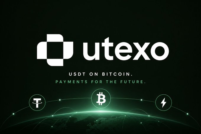 An advertisement for Utexo displays its logo with the text 'USDT ON BITCOIN. PAYMENTS FOR THE FUTURE.' along with Bitcoin, Tether, and Lightning Network icons over a green globe.