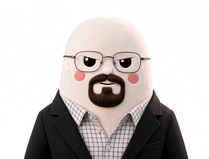 A 3D rendered character with an egg-shaped head, brown goatee, glasses, and pink cheek circles, dressed in a navy blazer over a checkered shirt.