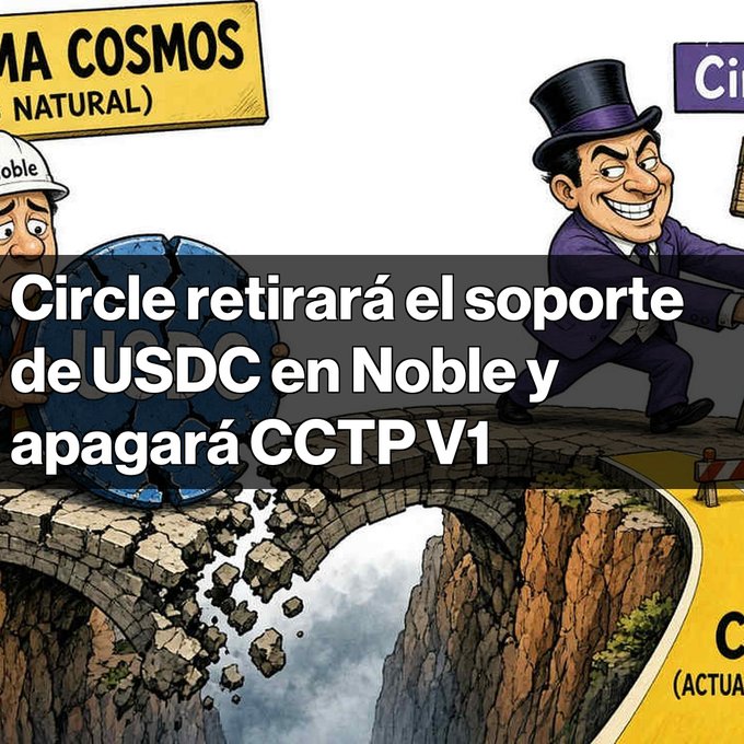 An illustrated cartoon shows a man in a top hat pushing the USDC logo off a crumbling stone bridge, with Spanish text reading 'Circle retirará el soporte de USDC en Noble y apagará CCTP V1'.