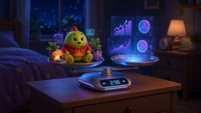 A whimsical scene shows a small green plush character sitting on a scale displaying '2.98' alongside floating holographic charts and graphs, with a bedroom setting in the background.