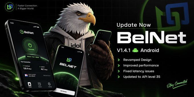 A promotional graphic for BelNet VPN V1.4.1 Android update featuring an anthropomorphic bald eagle mascot, showing phone screens and features including 'Revamped Design', 'Improved performance', 'Fixed latency issues', and 'Updated to API level 35'.