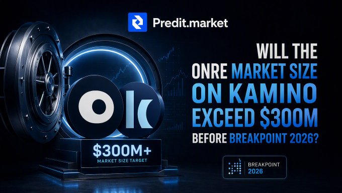 A promotional banner for 'Predit.market' asking 'WILL THE ONRE MARKET SIZE ON KAMINO EXCEED $300M BEFORE BREAKPOINT 2026?', featuring a vault door graphic.