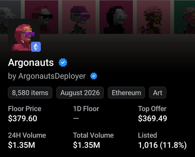An NFT collection page on OpenSea for 'Argonauts' by ArgonautsDeployer, showing 8,580 items from August 2026 on Ethereum, with a floor price of $379.60 and 24H volume of $1.35M.